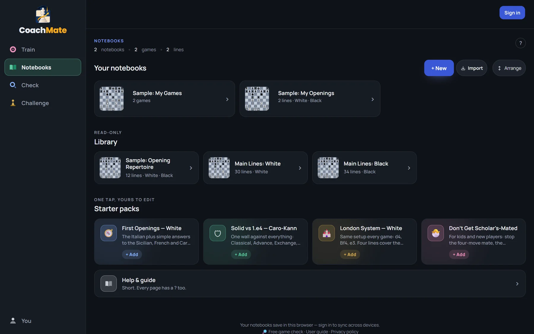The Notebooks screen: your notebooks, a read-only library of main lines, and starter packs you can add with one tap