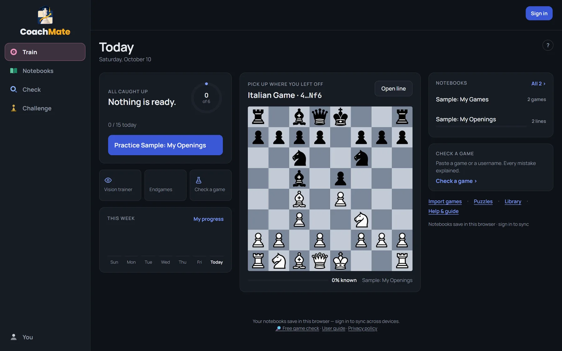The Today screen on a laptop: the ready ring, the next line to pick up on a board, notebooks, and a check-a-game card